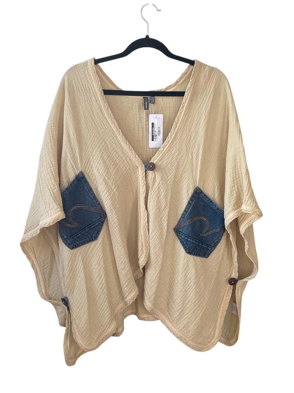 SHANNON PASSERO Boho Camel Oversized Button-Front Top Denim Pockets One Size